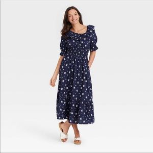 Universal Thread Navy Blue Puff Short Sleeve Ruffle Collar Dress